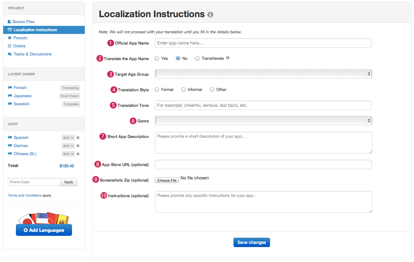 A screenshot that shows the localization instructions view.