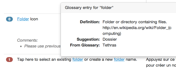A glossary view from the Tethras translation tool