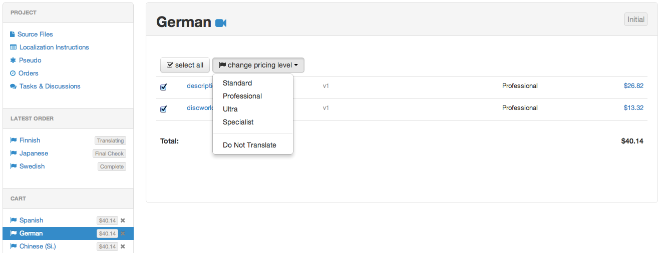 A screenshot that shows the change pricing level dropdown on the language view.